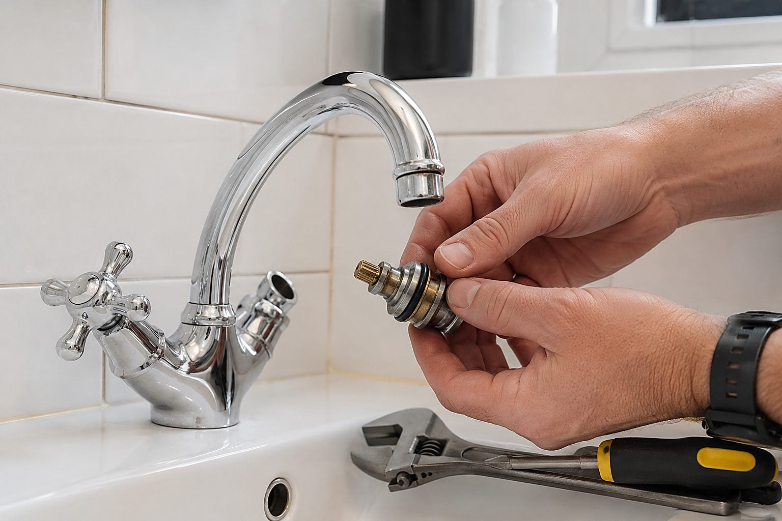 A plumber replacing the cartridge in a bathroom tap
