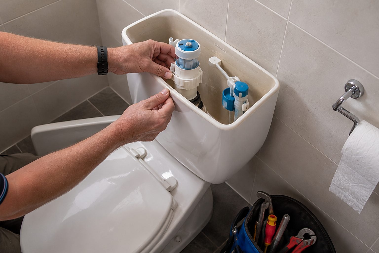 A plumber replacing the inlet valve inside a toilet cistern
