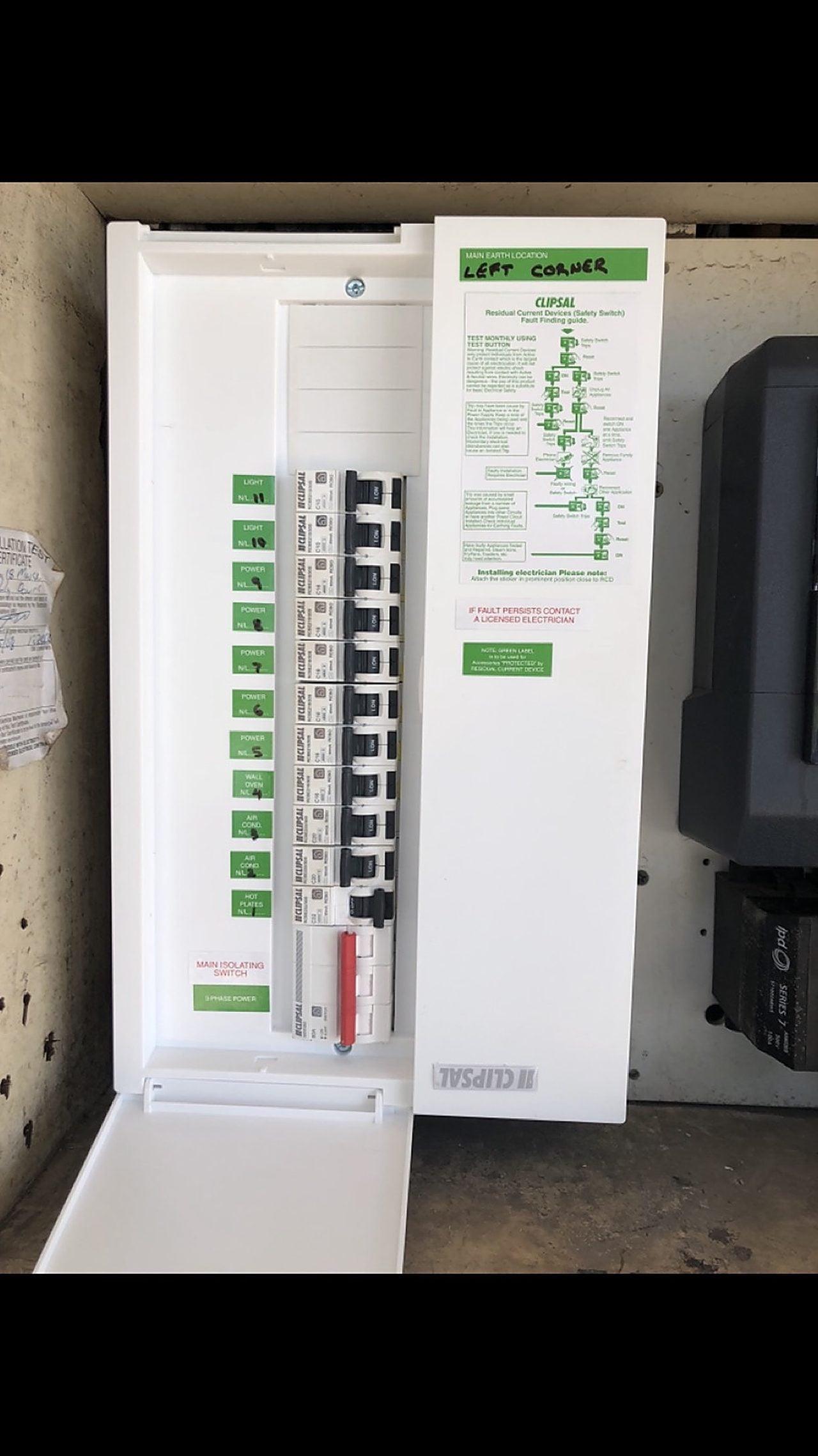 Upgraded Clipsal switchboard with labelled circuits and RCD safety switches, fitted on a Perth job
